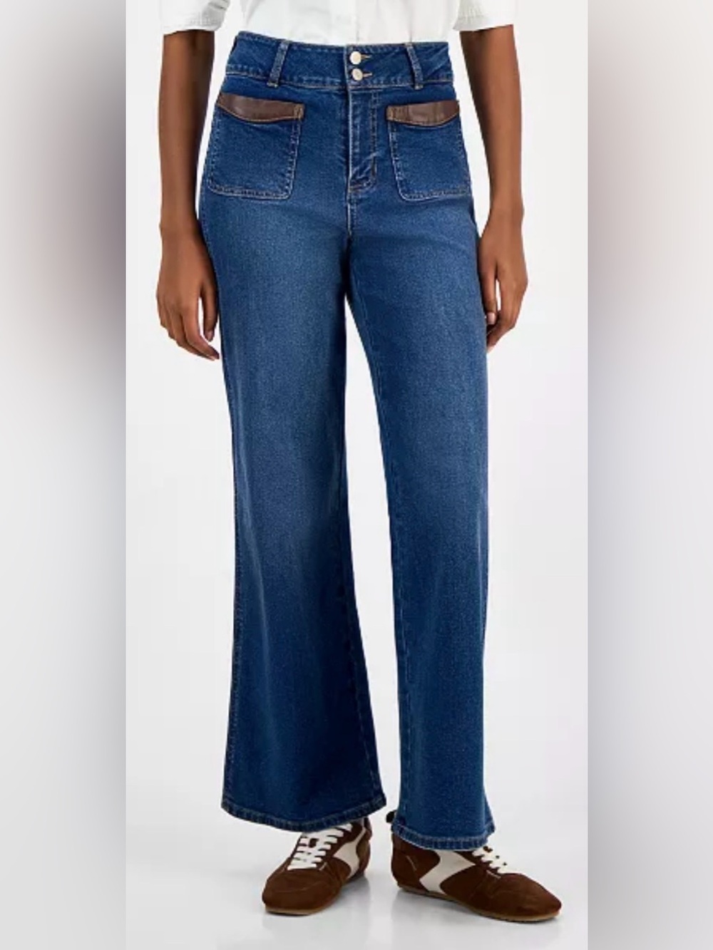 Anthropologie And Now This Faux Leather Patch-Pocket Wide-Leg Jeans in Dark Wash